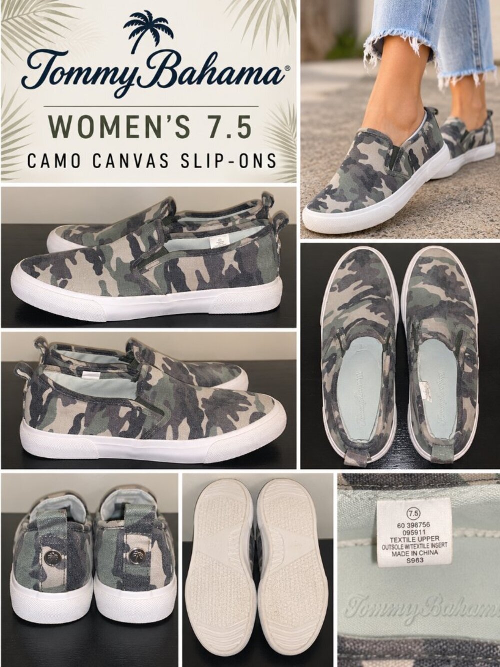 Tommy Bahama Women’s 7.5 Camo Canvas Slip On Sneakers Green Military